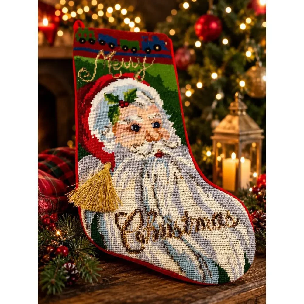 Vintage Wool Santa Claus Needlepoint by Hand Beaded